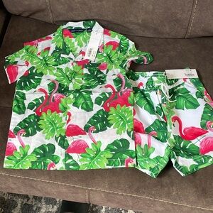 New!! Janie and Jack Flamingo linen shirt short set